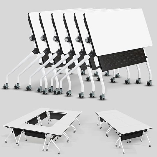 Conference Table, Folding Conference Room Tables, Mobile Training Tables with Silent Wheels, Large Rectangular Modular Seminar Table Office Computer Desks for Classroom White (6Pack L47.2in)
