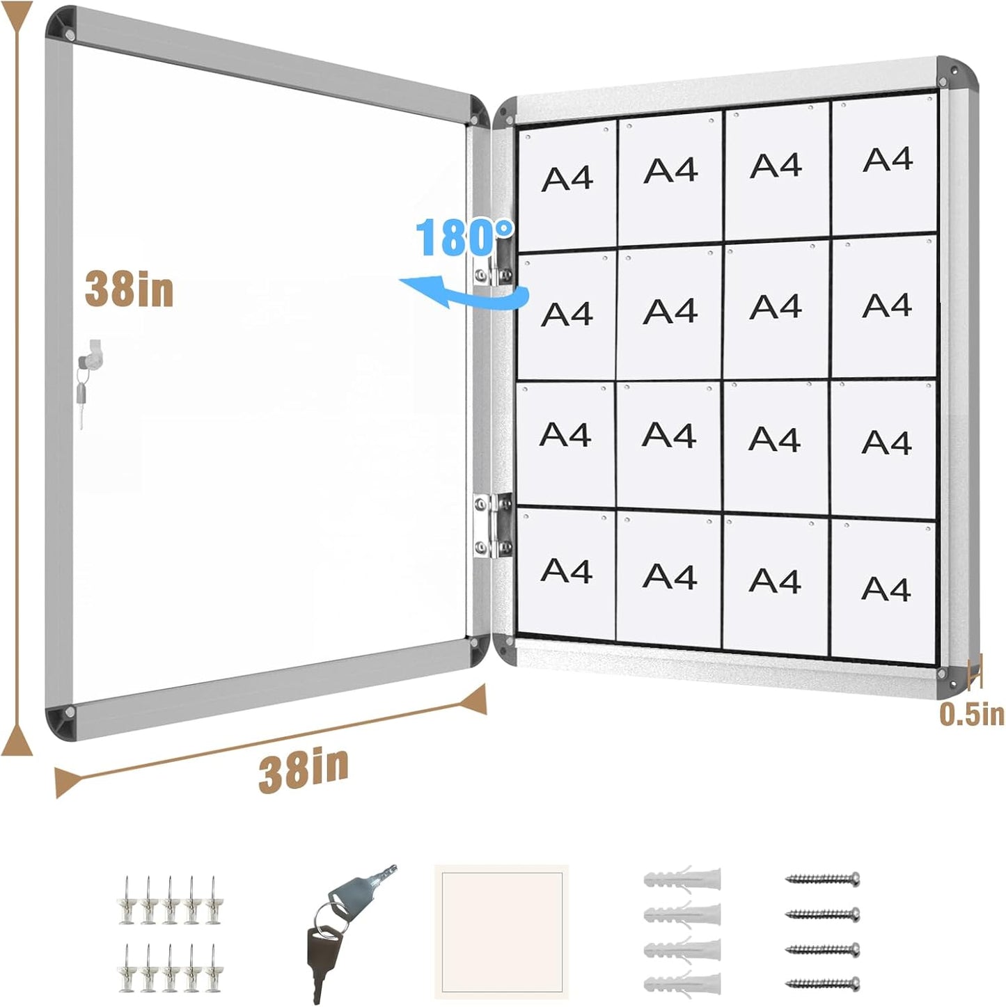 38"x38" Enclosed Bulletin Board, Lockable Weather-Resistant Aluminum Cork Noticeboard for School & Office, Silver Frame w/Black Flet