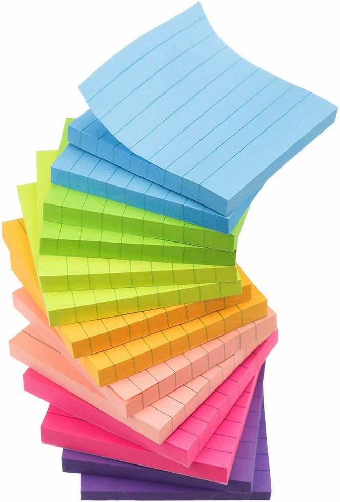 Early Buy Lined Sticky Notes 3x3 Inch, 14 Pads/Pack with Lines Notepads, 7 Bright Colors Self-Stick Pads, 80 Sheets/Pad, Total 1120 Sheets