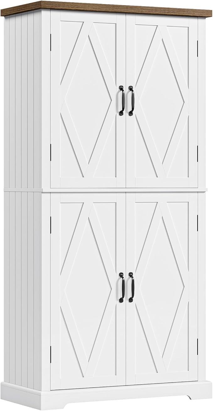 HOSTACK 64" Tall Pantry Cabinet, Modern Farmhouse Kitchen Pantry, Wood Bathroom Storage Cabinet, Large Bookcase, 4 Doors|Adjustable Shelves, for Dining Room, Living Room, Home Office, White