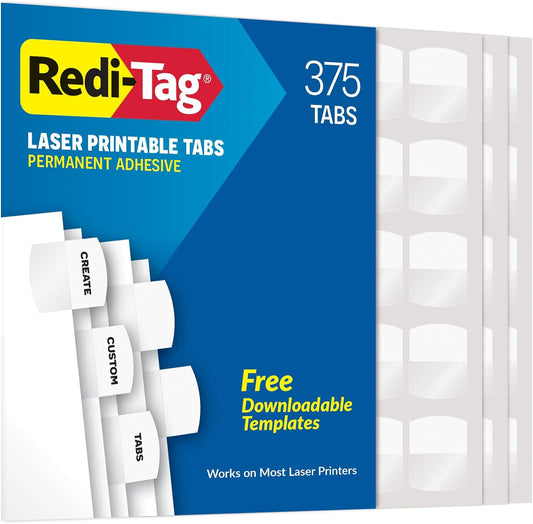 Redi-Tag Laser Index Tabs, Divider Tabs, Permanent Adhesive Index Labels, Customizable Divider Labels, Divider Labels for School, Home and Office, 1-1/8" x 1-1/4", White, 375 Tabs, (B39017)