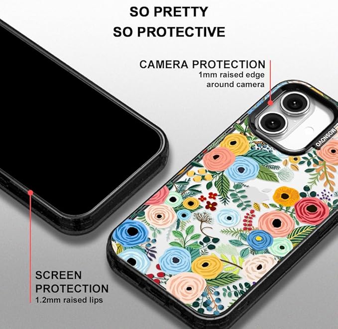 MOSNOVO Case for iPhone 16, [10ft 4X Military-Grade Drop Protection] Durable & Shockproof Phone Case Cover Design for iPhone 16 - Pastel Floral Garden - Clear Black