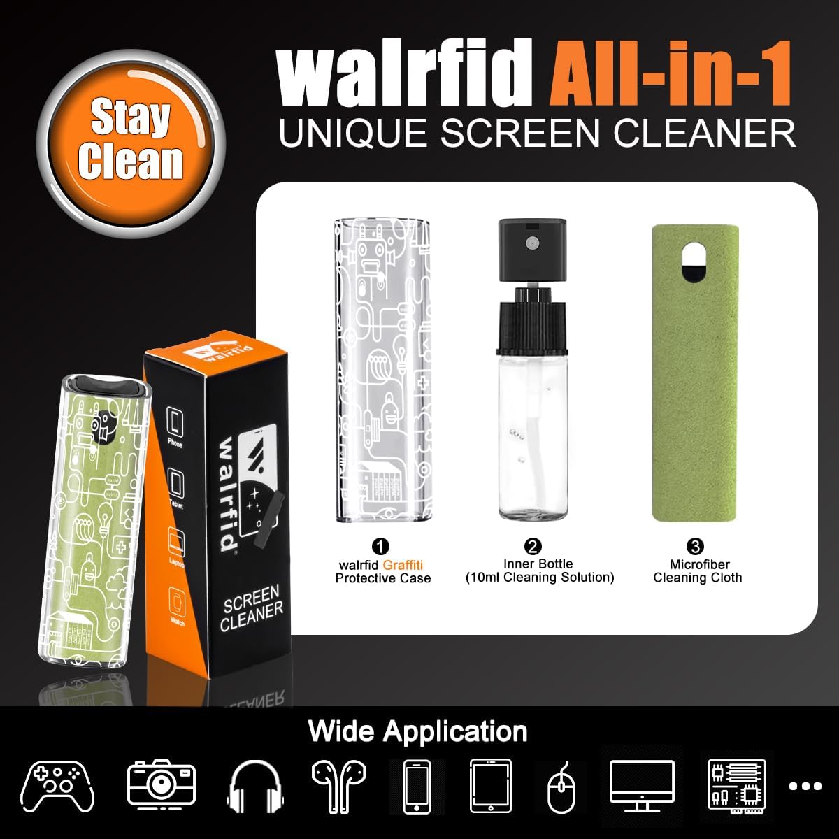walrfid Car Screen Cleaner Spray and Wipe Cleaning Kit for Electronic iPad, iPhone, Phone, MacBook, TV, Monitor, Tablet Display, with Graffiti Case