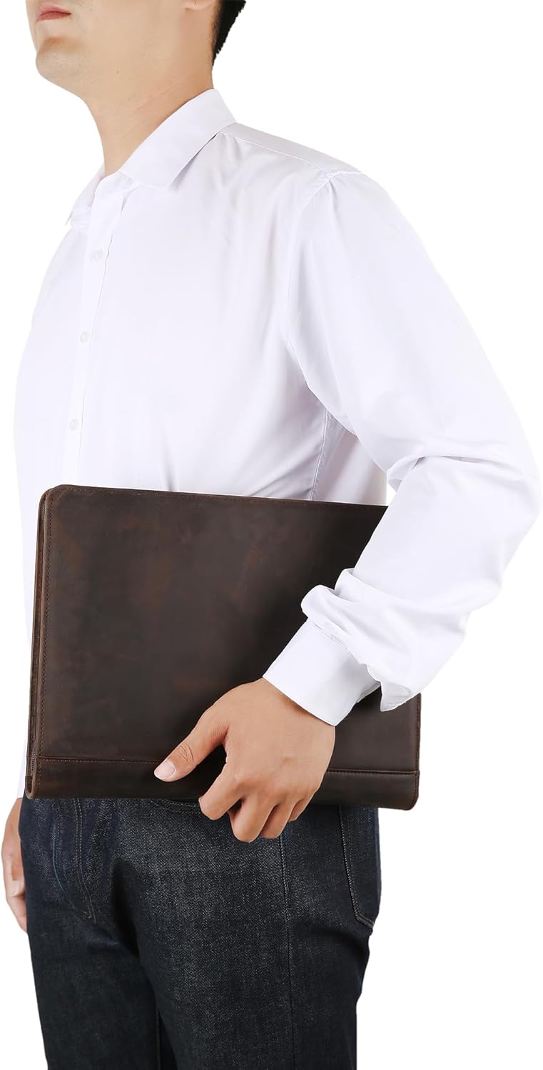 Handmade Genuine Leather Portfolio Organizer for IPad/Document, Business Padfolio with A4 Leather Notepad Holder, Leather Compact Folder Conference Portfolio for Men and Women, Dark Khaki