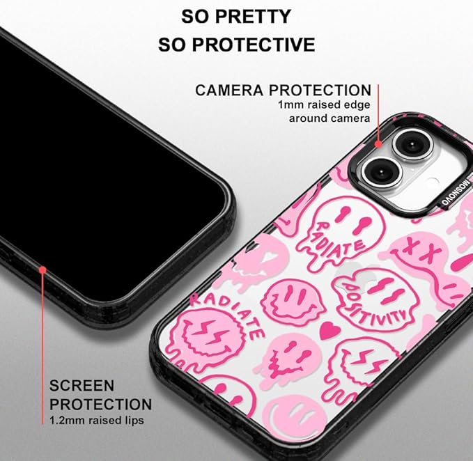 MOSNOVO Case for iPhone 16 Plus, [10ft 4X Military-Grade Drop Protection] Durable & Shockproof Phone Case Cover Design for iPhone 16 Plus - Pink Dripping Smiles - Clear Black