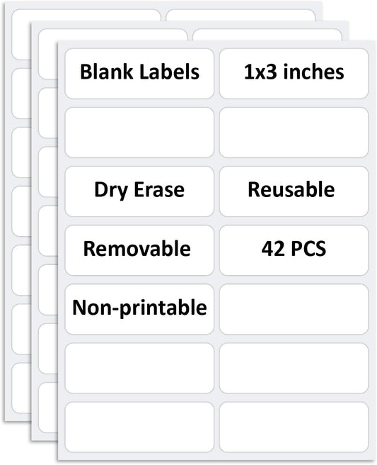 SVNOOC Multi-Use Label Stickers Small Sticky Notes, White Reusable Dry Erase Labels for Kids School Office Home Kitchen All Purpose Use Tags 42PCS (1x3 inches)