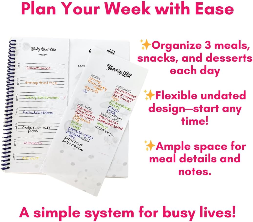 Large Spiral-Bound Weekly Meal Prep Planner Notebook – Full-Year Organizer with Laminated Covers, Tear-Off Grocery List Notepad, Undated Weekly Planner & Food Journal - Menu Calendar, & Budget Tool
