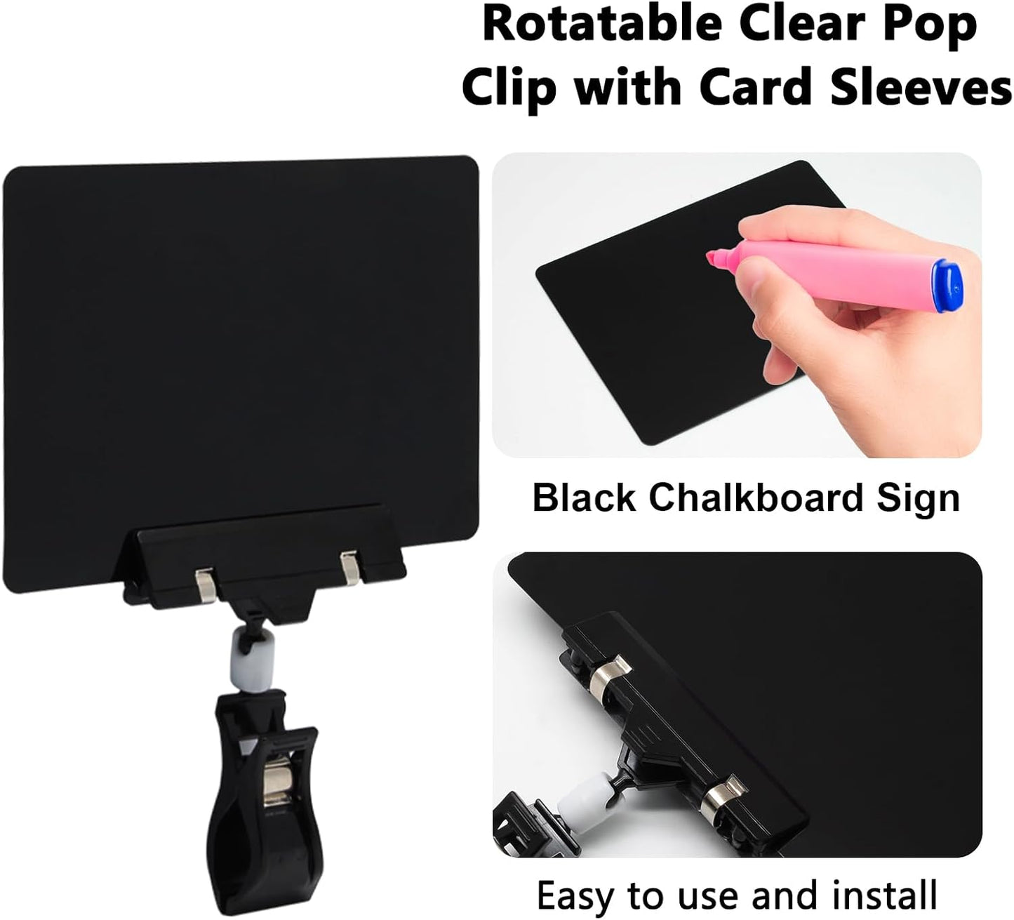 Biaungdo 12 Pcs Plastic Chalkboard Sign with Rotating Clip, Erasable Blackboard Price Tags Double Sided Waterproof Blackboard Clips Display Clip Holder for Shelves,Store,Business, Supermarket(Black)