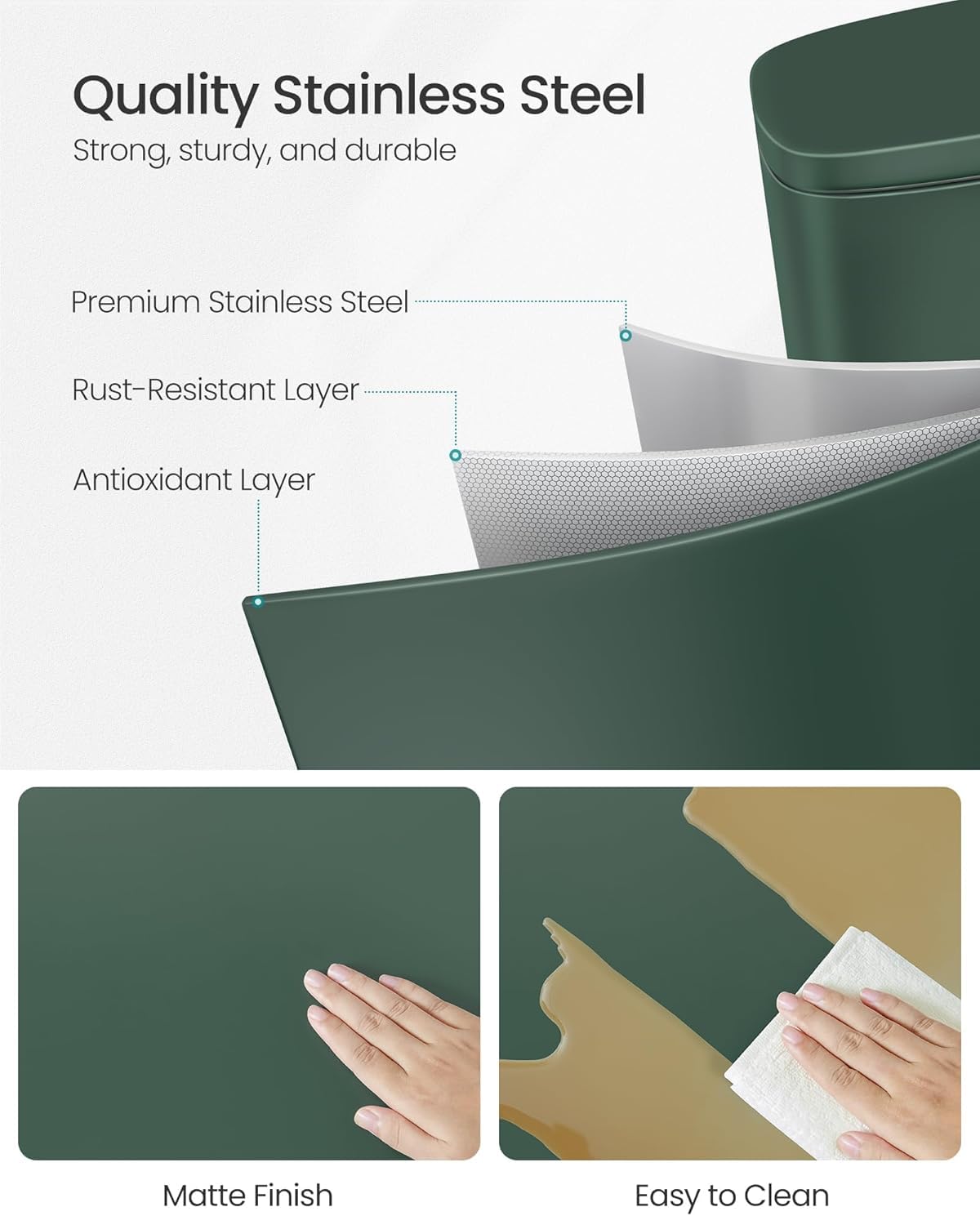 SONGMICS Trash Can with Lid, 8 Gallon Garbage Can, Stainless Steel Small Waste Bin with Step Pedal and Inner Bucket, Soft Close, Kitchen, Retro Green ULTB003C01