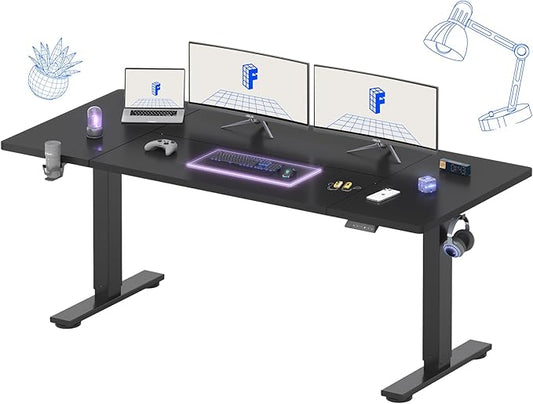 FLEXISPOT 71 x 32 Inch Large Standing Desk, Stand Up Desk with Splice Board, Rising Desks for Home Office, Office Desk with Cup Holder and Headphone Hook (Black Frame + Black Top, 2 Packages)