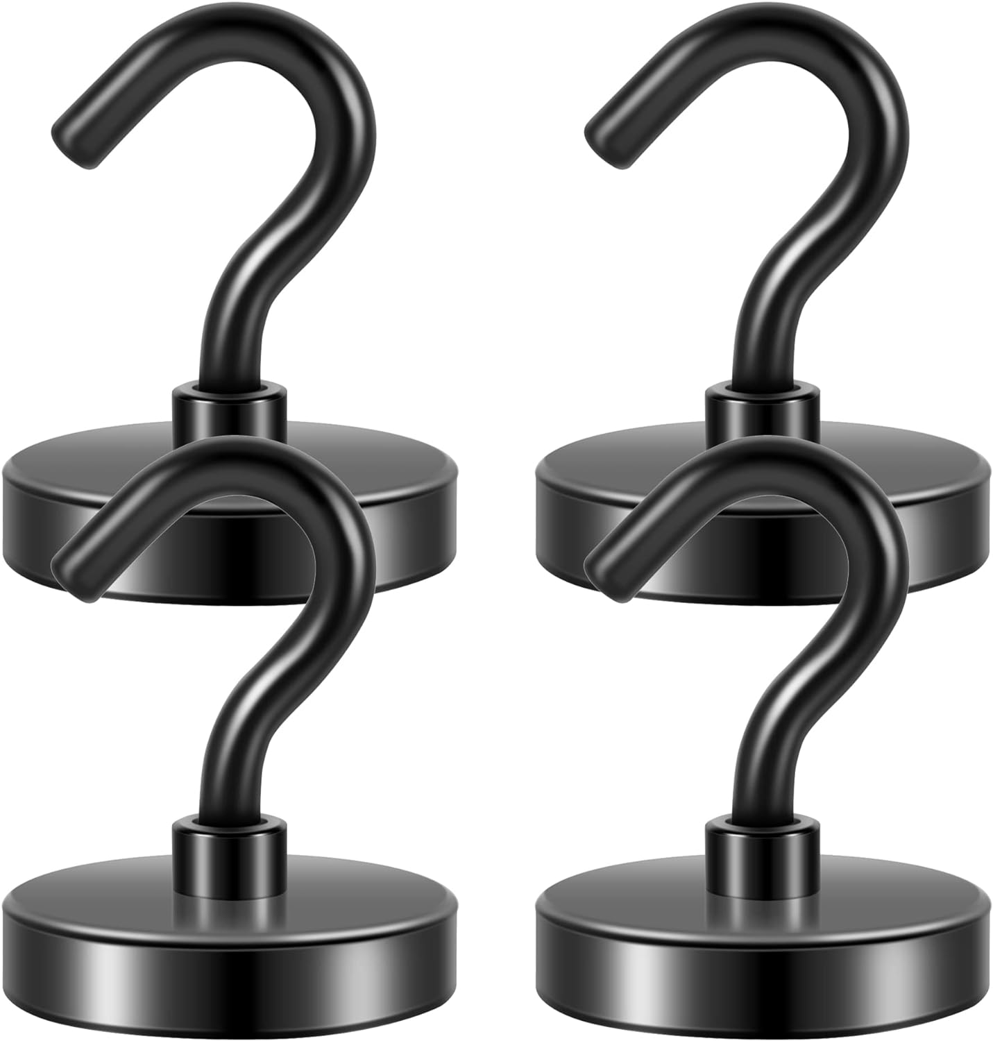 Neosmuk Black Magnetic Hooks, Strong Magnet with Hook for Fridge, Super Neodymium Extra Strength Industrial Hooks for Hanging (Matte Black,4 Pack)