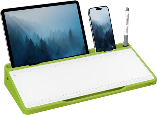 LOUKIN Glass Desktop Whiteboard, 15.3" x 5.6" Dry Erase Desk Board with Dotted and Graduated Surface, Desktop Buddy, Great for Design and Drawing, 3 Markers and 1 Dry Erase Eraser Included (Green)