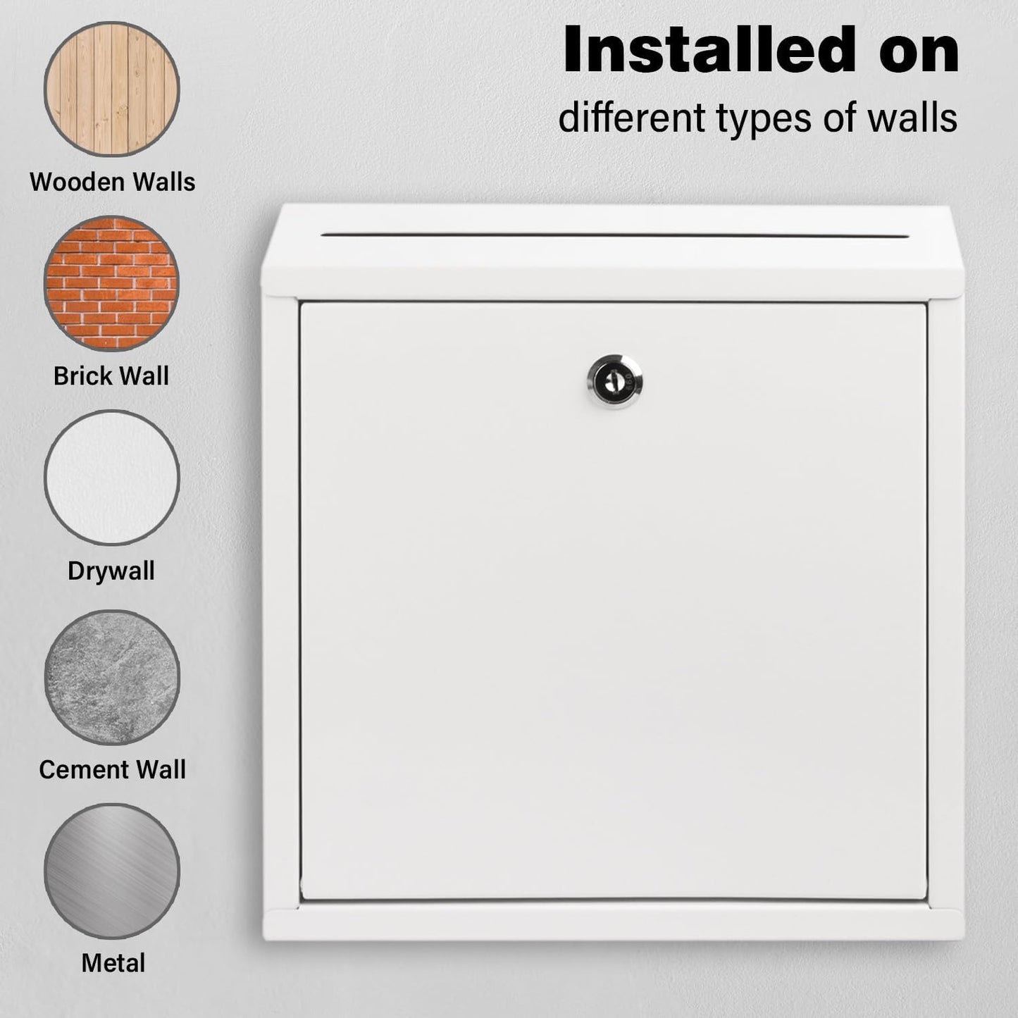 Suggestion Box with Lock and Slot, Wall Mounted Metal Drop Box with 4 Keys, Secure Locking Box for Cash and Ballots, Office MailBox, 10.4 x 2.9 x 11 Inch, White