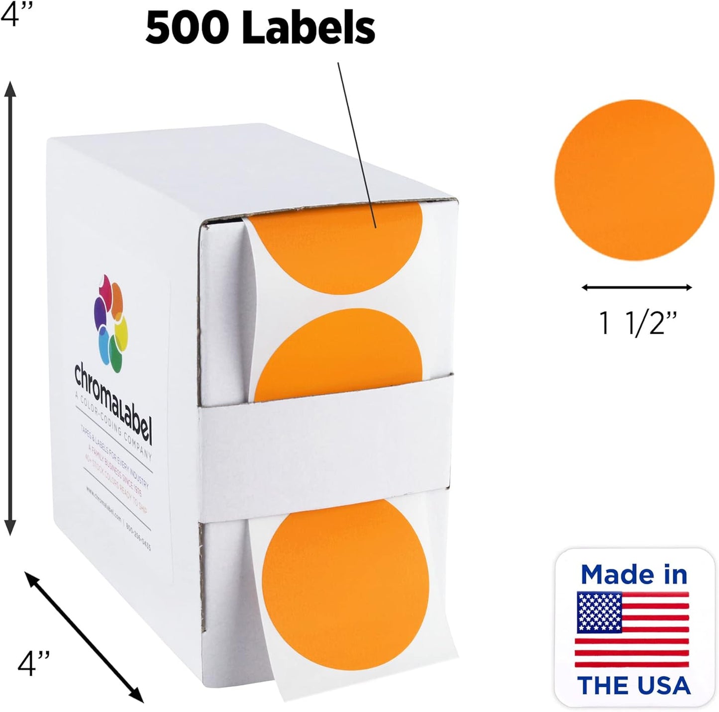 ChromaLabel 1.50 Inch Round Label Permanent Color Code Dot Stickers, 500 Labels per Dispenser Box, Orange