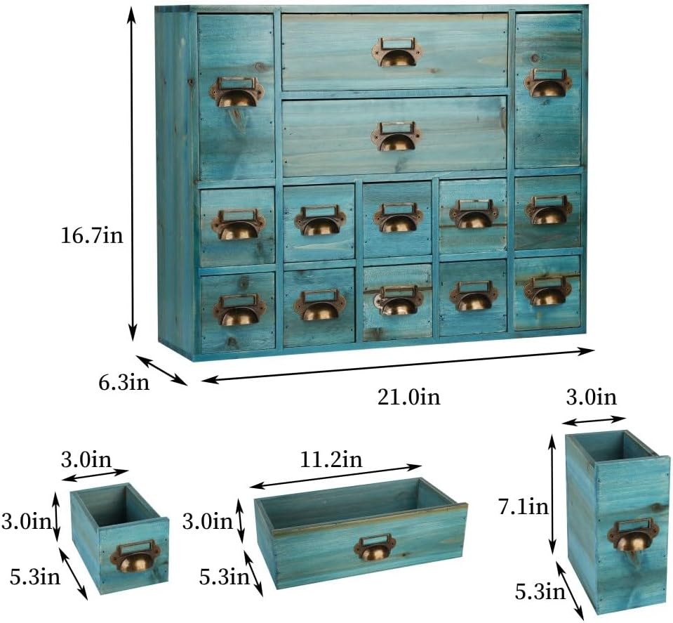 Apothecary Drawers Card Catalog Cabinet with 14 Drawers Wooden Card Catalog Wooden Storage Box for Desktop Organizer (Blue)