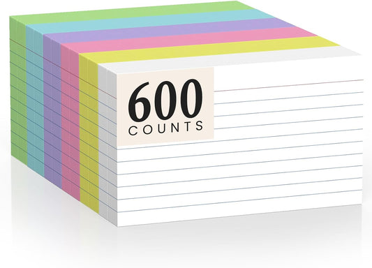 600 Count Index Cards 3 x 5 Inch Colored Lined Flash Cards Ideal for Studying and To-do-List, Portable Note Cards Taking for Students and Teachers, Flash Card Styled for Home, Office or School Use