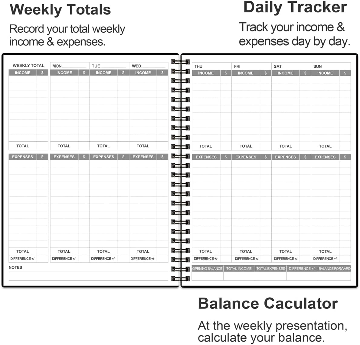 Heveboik Income & Expense Log Book - A4 Income and Expense Tracker for Small Business, Accounting Bookkeeping Tracking for Woman and Man, 8" x 10.5", Black