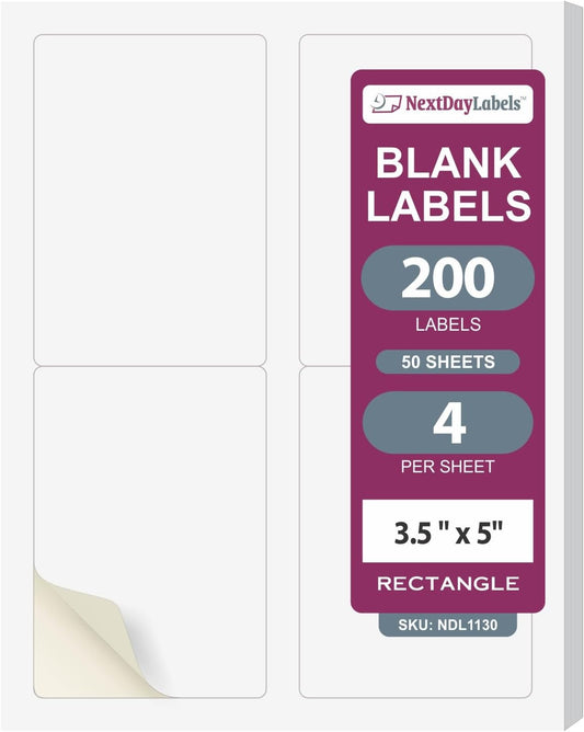 NextDayLabels – 3.5" x 5" Rectangular Sticker Labels for Printer - White Laser/Inkjet Printer Labels Return Address Labels Shipping Label Stickers (50 Sheets, 4 Per Sheet, 200 Labels)