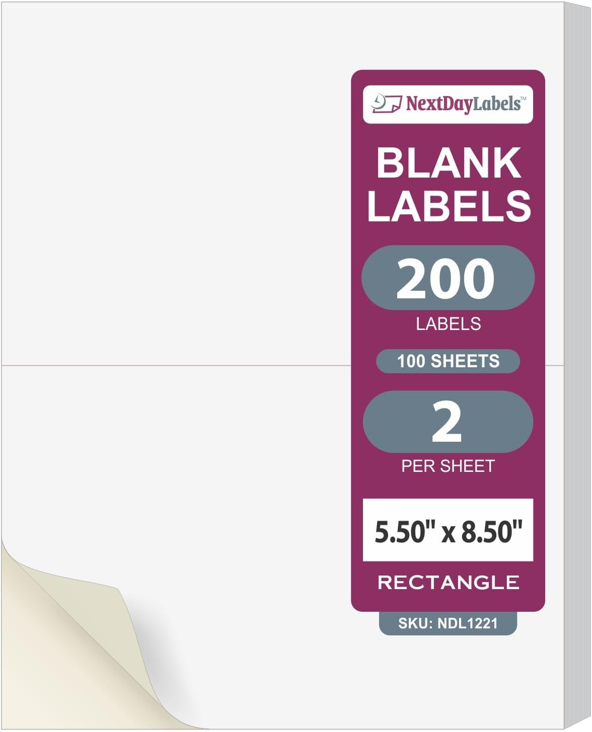 NextDayLabels – 8-1/2" x 5-1/2" Rectangular Sticker Labels for Printer - White Laser/Inkjet Printer Labels Return Address Labels Shipping Label Stickers (100 Sheets, 2 Per Sheet, 200 Labels)