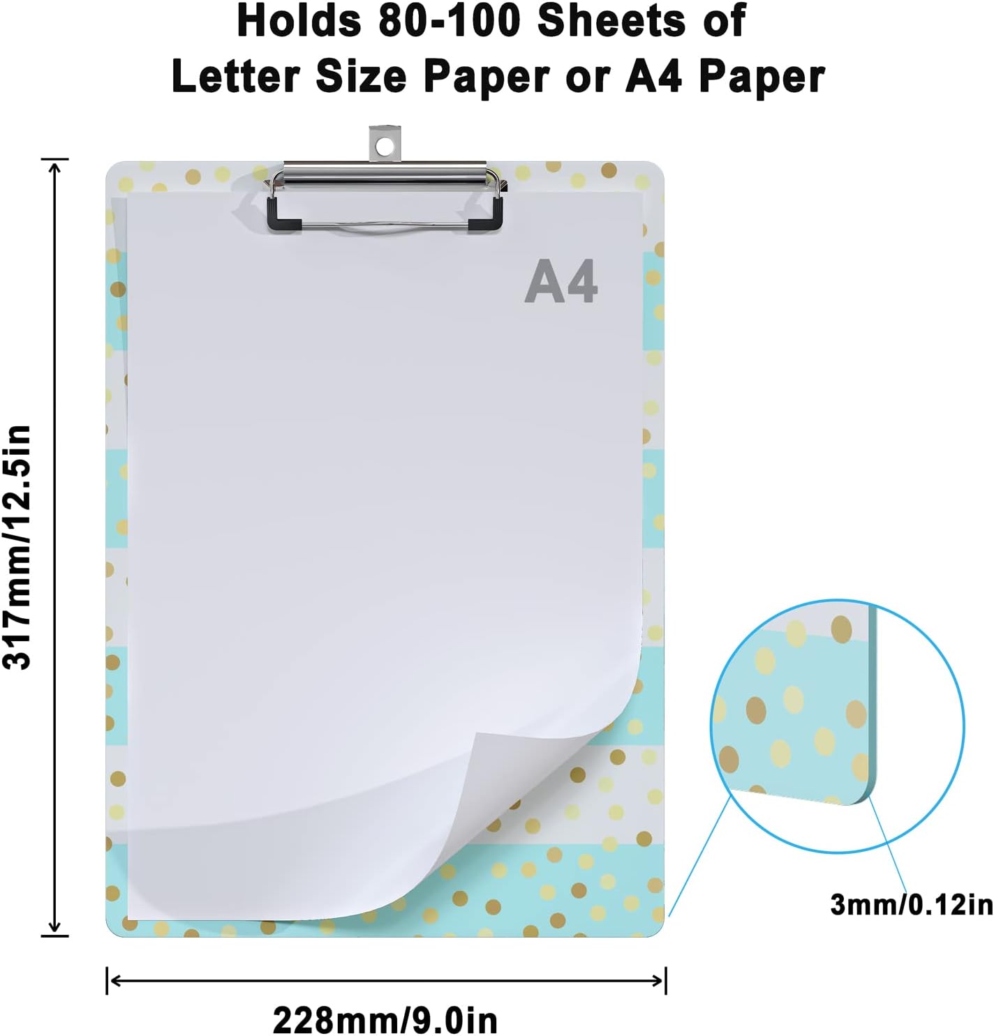 Cute Clipboard Wood Design Decorative A4 Letter Size Clipboards for Office, Standard Size 9" x 12.5" with Low Profile Metal Clip - Striped Spots