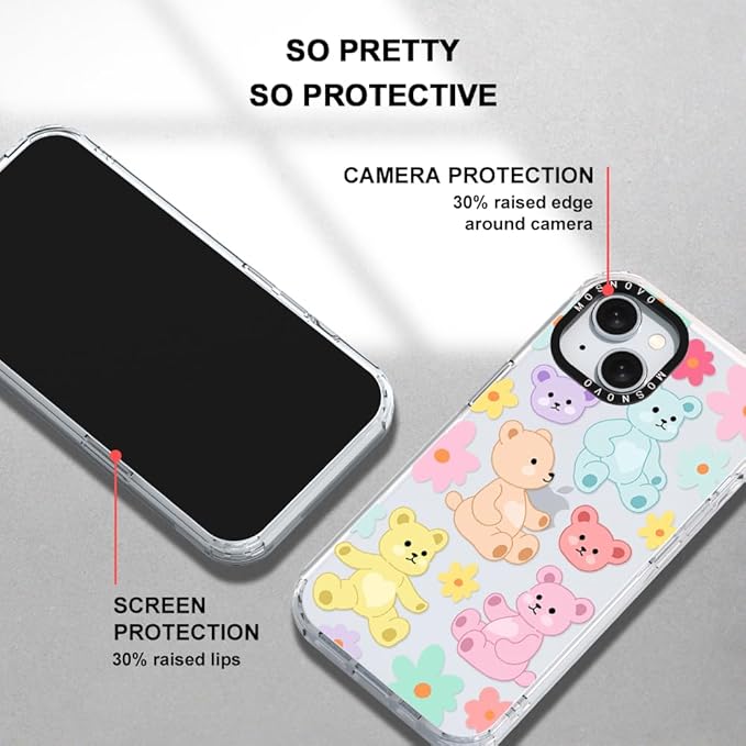 MOSNOVO Case for iPhone 15, [Buffertech 6.6ft Military-Grade Drop Protection] [Anti Peel Off Tech] Clear TPU Bumper Phone Case Cover Design - Cute Teddy Bear