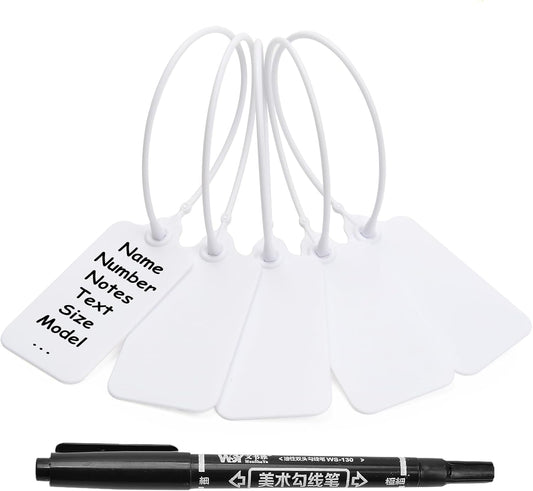 50 White Blank Plastic Tags for Labeling Waterproof Hanging Labels Writable Tags Seal Plastic Marking Label for Clothes Bags Keys Inventory with One Marker Pen