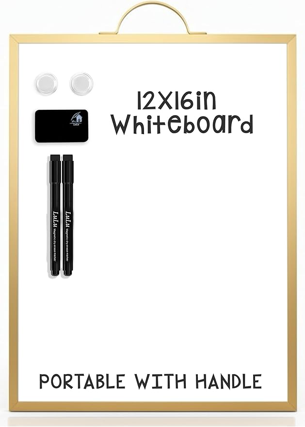 Small Whiteboard 12 x 16 Inch Magnetic Dry Erase Board with Handle | Gold Aluminum Frame | Double-Sided Portable Desktop Board | 2 Markers, Eraser & 2 Magnets