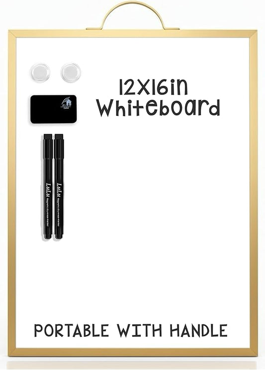 Small Whiteboard 12 x 16 Inch Magnetic Dry Erase Board with Handle | Gold Aluminum Frame | Double-Sided Portable Desktop Board | 2 Markers, Eraser & 2 Magnets