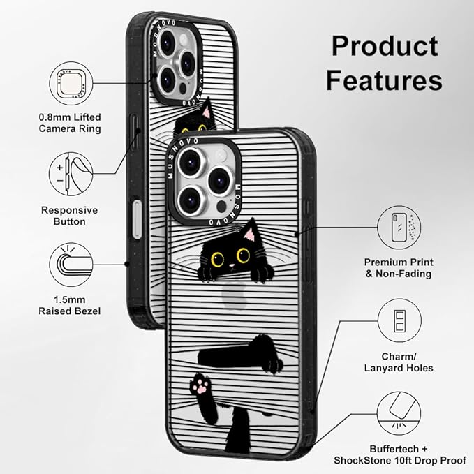 MOSNOVO Case for iPhone 16 Pro Max, [10ft 4X Military-Grade Drop Protection] Durable & Shockproof Phone Case Cover Design for iPhone 16 Pro Max - Hidden Black Cat - Clear Black