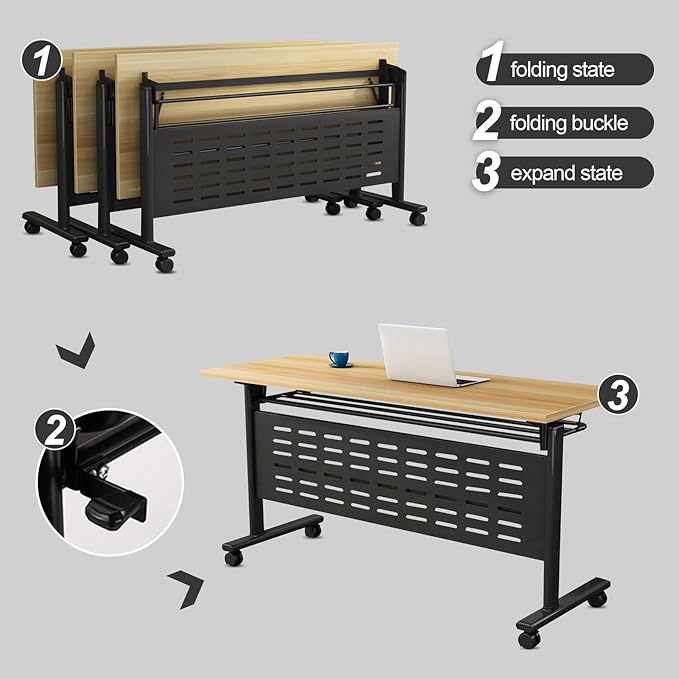 Foldable Conference Table, Folding Conference Room Table with Wheels, Flip Top Mobile Training Table, Rolling Seminar Meeting Table for Office Training Room Classroom (6pack 55.1in)