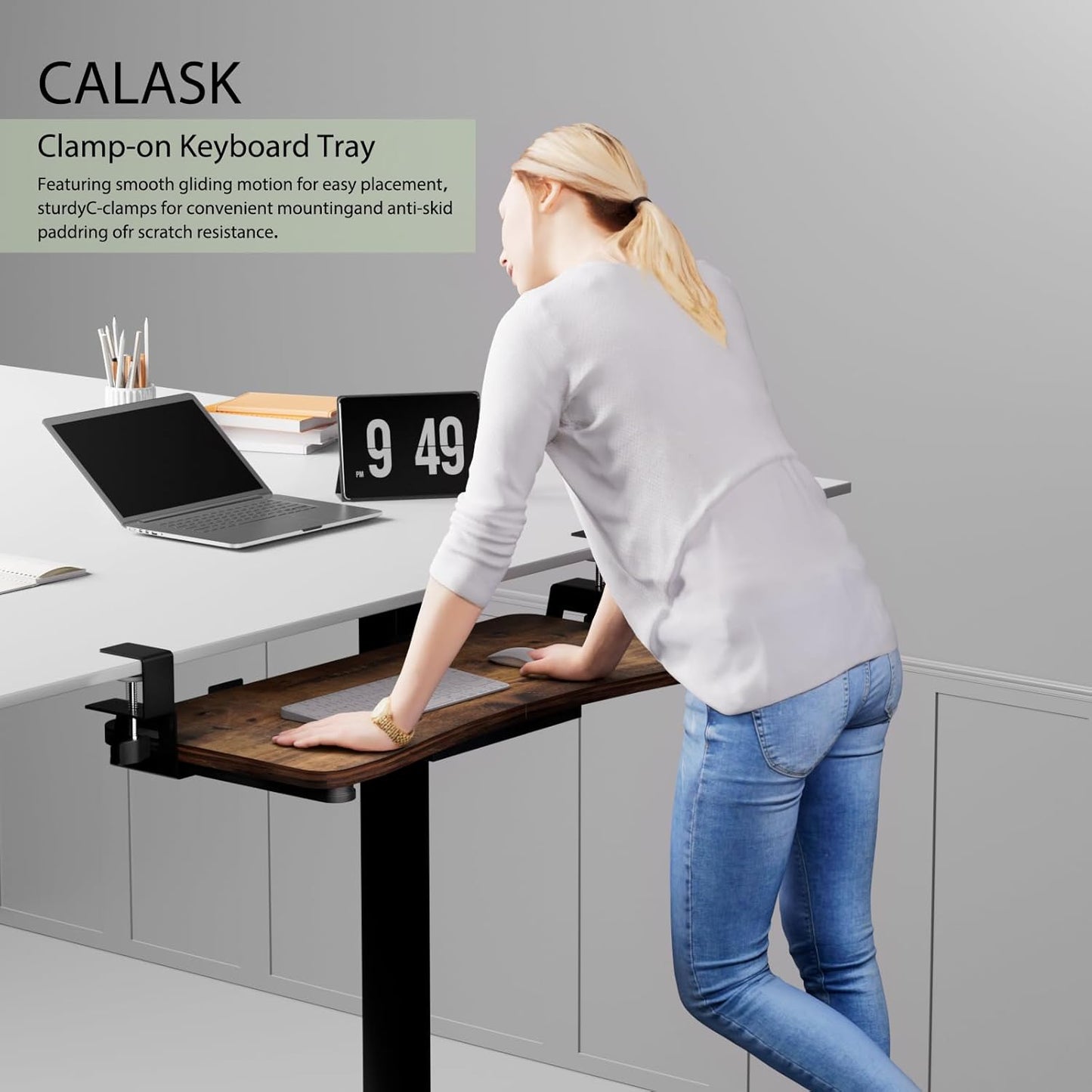 Desktop Keyboard Tray, Under Desk Pull Out,25.59" X 11.81" Large Size Radian Keyboard Tray with C-Clip Mount, Easy Installation, Computer Keyboard Stand, for Home Study and Office(Wood)