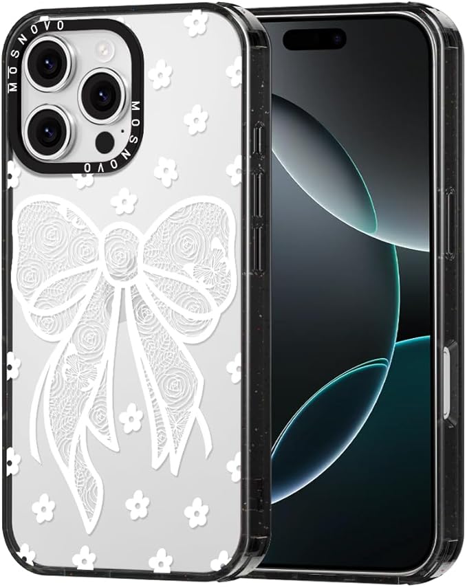 MOSNOVO Case for iPhone 16 Pro Max, [10ft 4X Military-Grade Drop Protection] Durable & Shockproof Phone Case Cover Design for iPhone 16 Pro Max - Lacey Bow - Clear Black