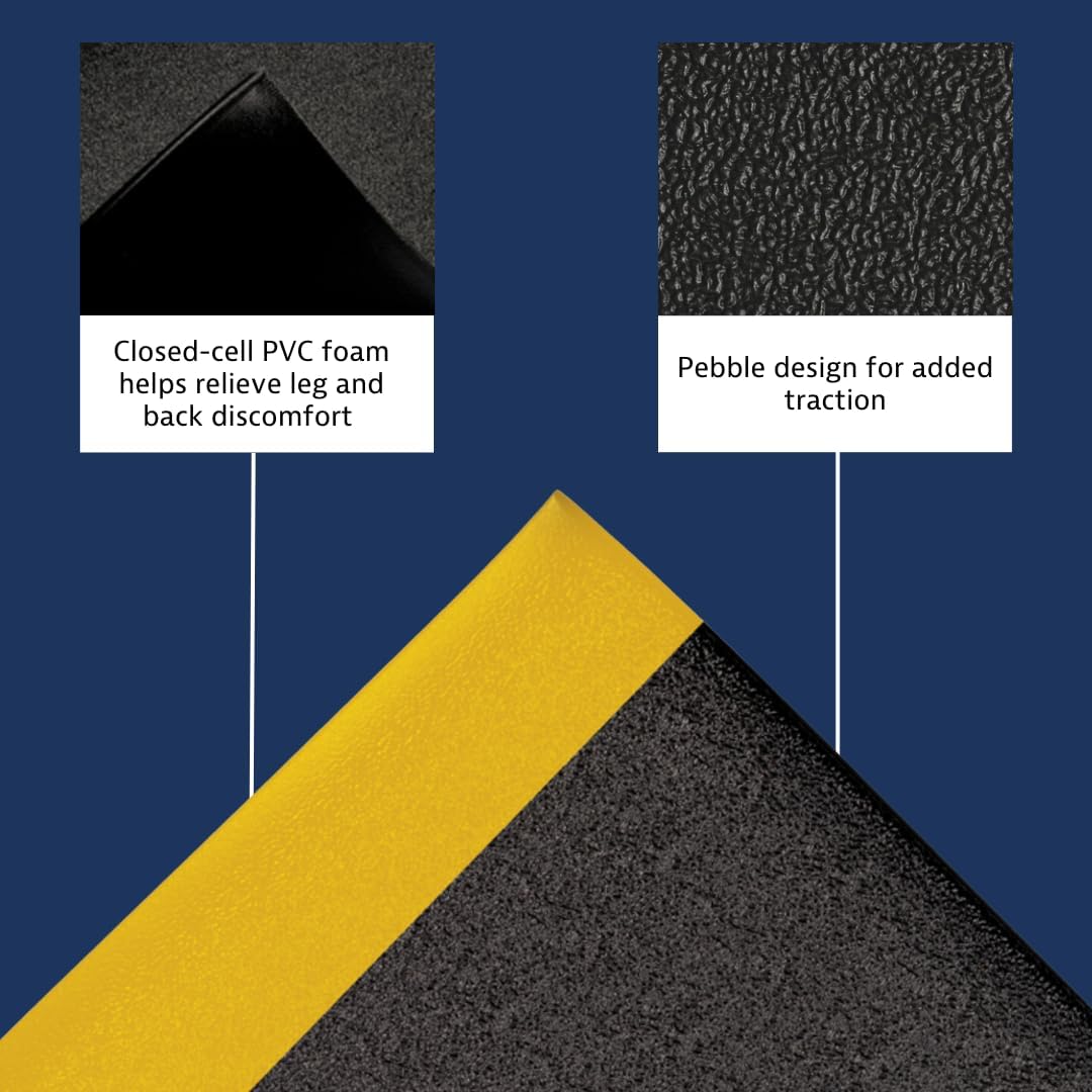Notrax 411 Sof-Tred™ 3' x 60' x 9/16" Anti Fatigue Mat, Enhanced Slip Resistance with Beveled Edges and Pebbled Surface, Ideal for Industrial and Commercial Workplaces, Black/Yellow, 411R0436BY