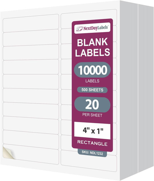NextDayLabels – 4” x 1" Rectangular Sticker Labels for Printer - White Laser/Inkjet Printer Labels Return Address Labels Shipping Label Stickers (500 Sheets, 20 Per Sheet, 10000 Labels)