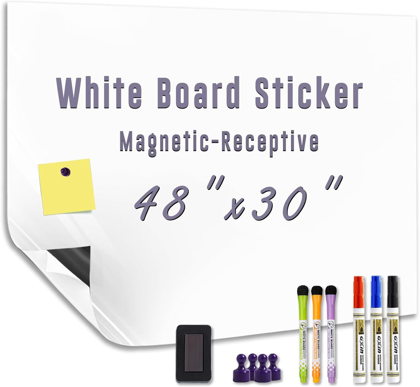 Magnetic Whiteboard Sticker Dry Erase Board for Wall - Adhesive Backing 48" x 30" Whiteboard for Classroom Office Home