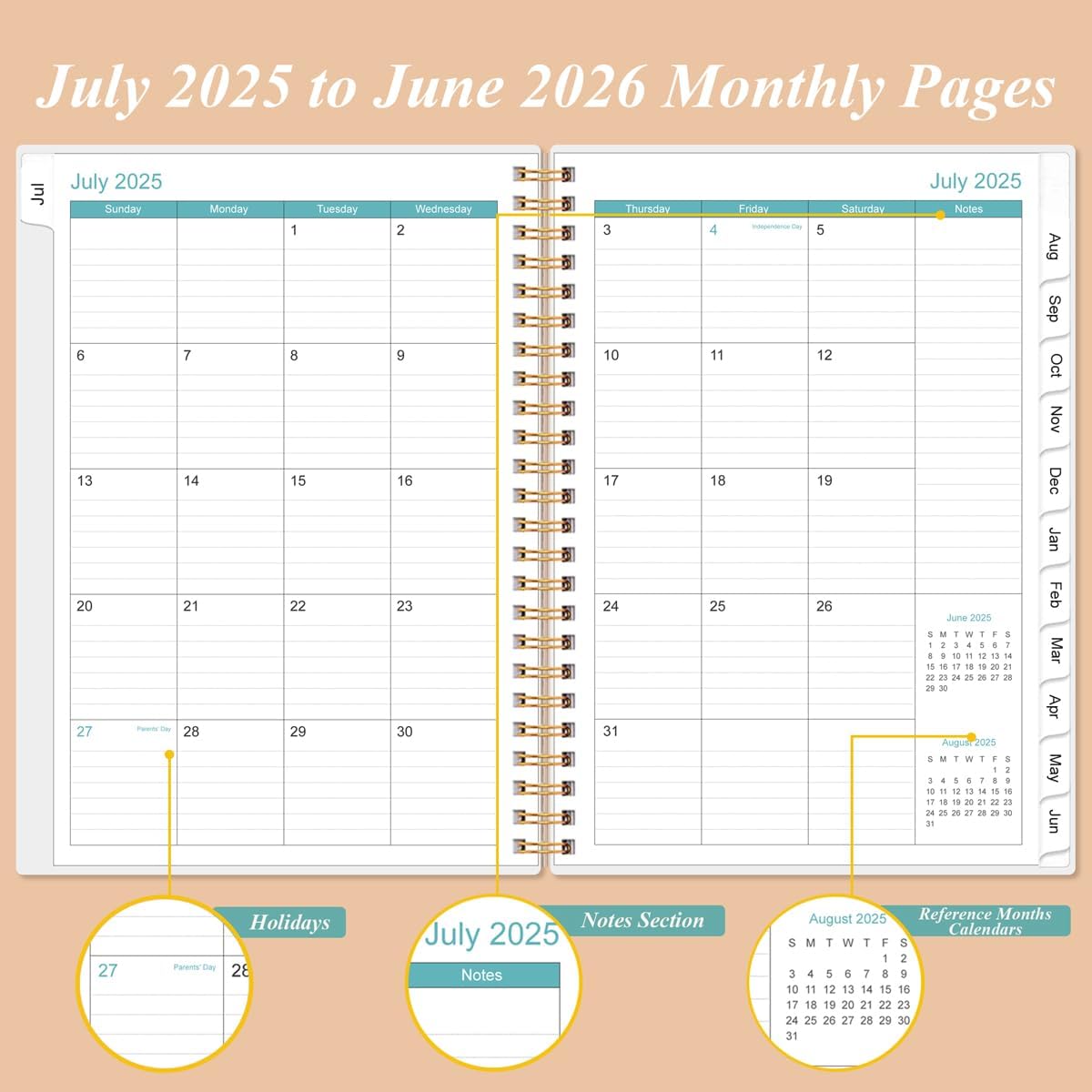2025-2026 Daily & Monthly Planner - One Page Per Day, Daily Planner 2025-2026 from July 2025 to June 2026, Planner 25-26 with 12 Monthly Tabs, 6.4" x 8.5", Rose Leaf