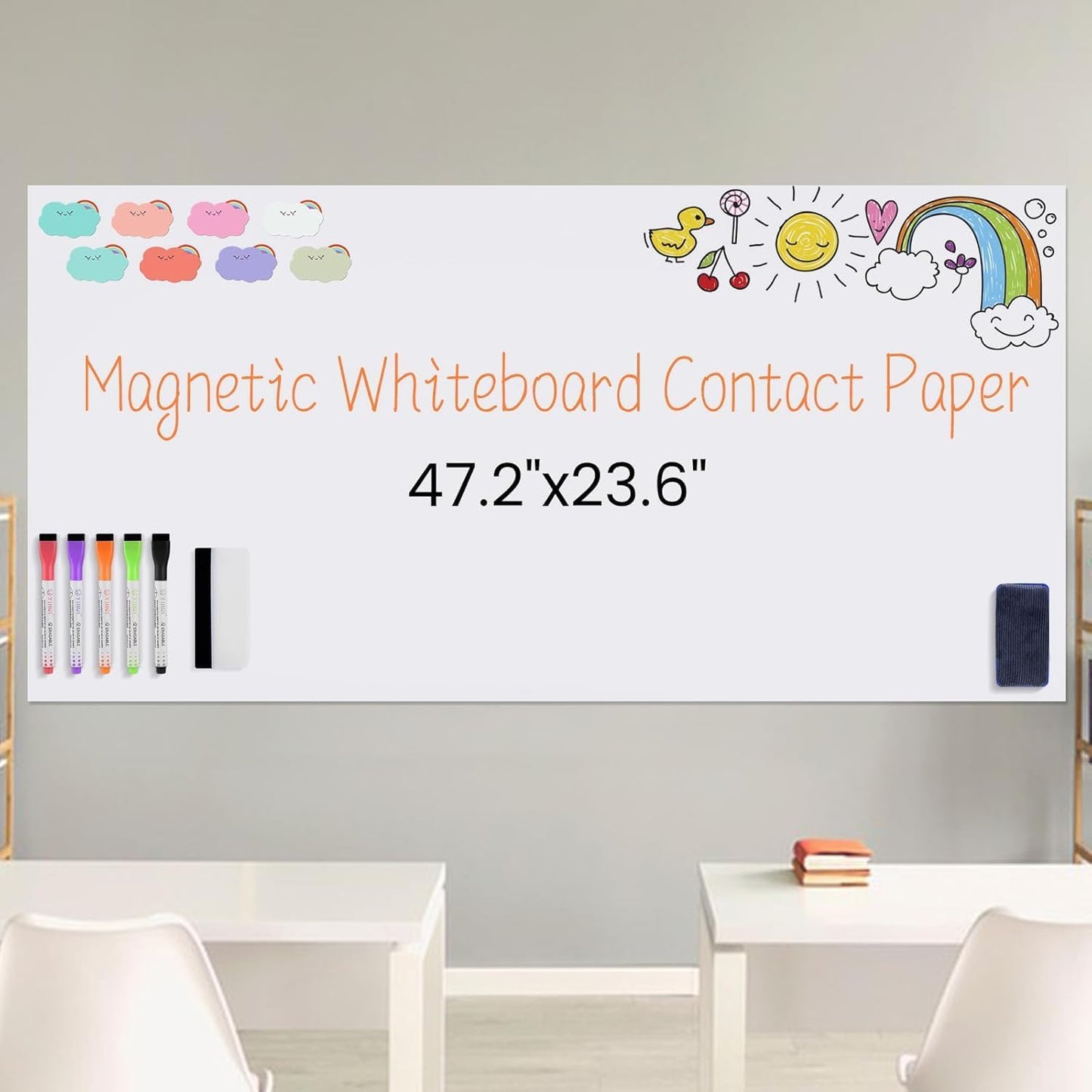 Set of Magnetic whiteboard Contact Paper, Measures 47.2 by 23.6 inches Large, Peel-and-Stick for fridges and Walls, Removable and with Magnetic Labels - Dry Erase White Board