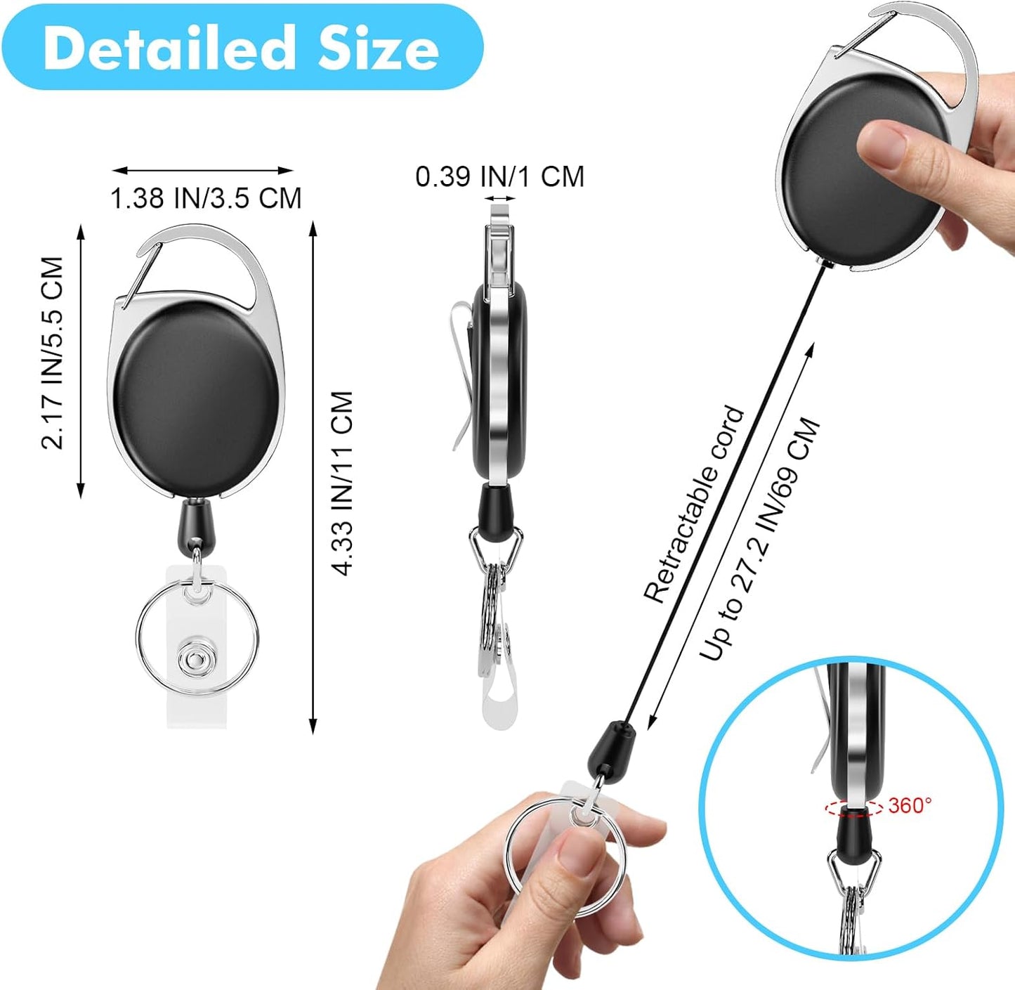 Retractable Badge Holder with Carabiner Reel Clip and Key Ring for ID Card Key Keychain Holders Black 20 Pieces by moeverEX