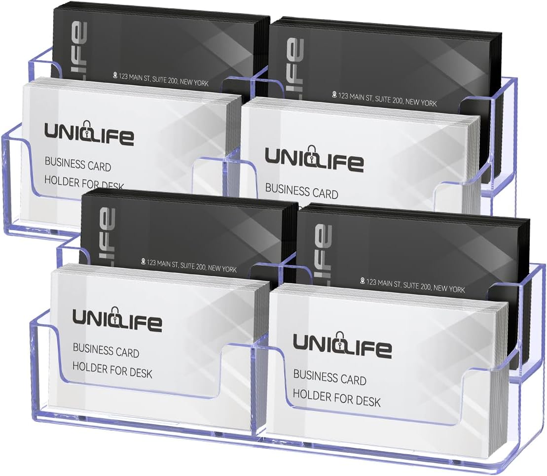 Uniclife 2 Pack Acrylic Business Card Holder for Desk 2 Tiers 4 Slots Clear Business Card Display Stand for Men & Women Desktop Business Card Organizer Card Stand for Office Home, 240 Card Capacity
