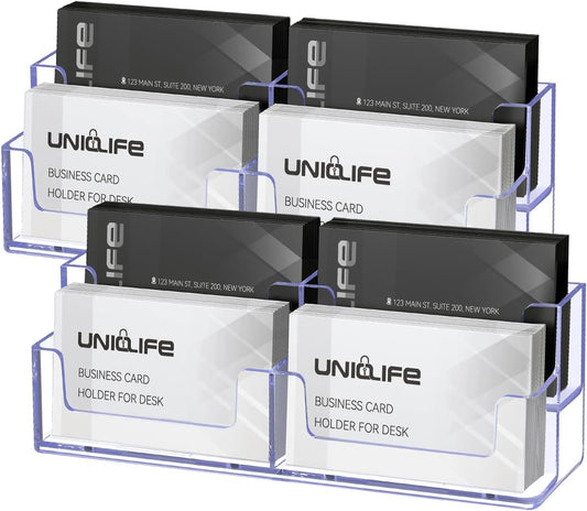 Uniclife 2 Pack Acrylic Business Card Holder for Desk 2 Tiers 4 Slots Clear Business Card Display Stand for Men & Women Desktop Business Card Organizer Card Stand for Office Home, 240 Card Capacity