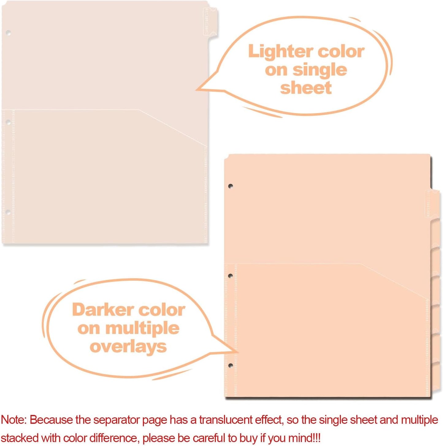 8 tab dividers for 3 Ring Binder with Pockets, Plastic Dividers with Clear Front Pocket, 8-tab Index Dividers with 3 Holes Punched for School & Office Supplies (Light Orange, 8 Tabs)