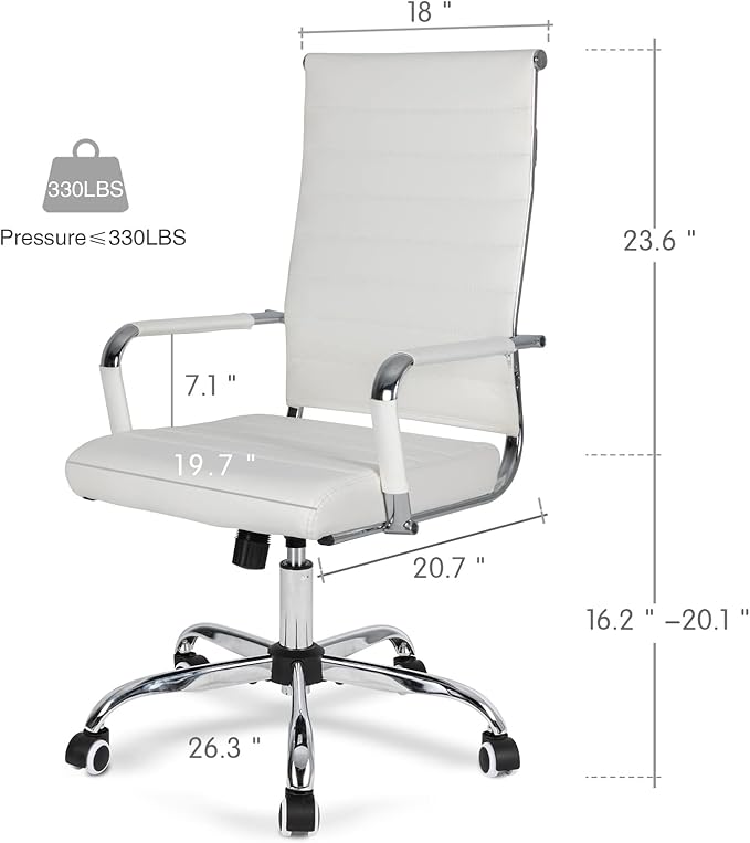 Home Office Chair Ribbed, Modern Leather Conference Room Chairs, Ergonomic Office Desk Chair, High Back Executive Computer Chair, Adjustable Swivel Chair with Arms (White)