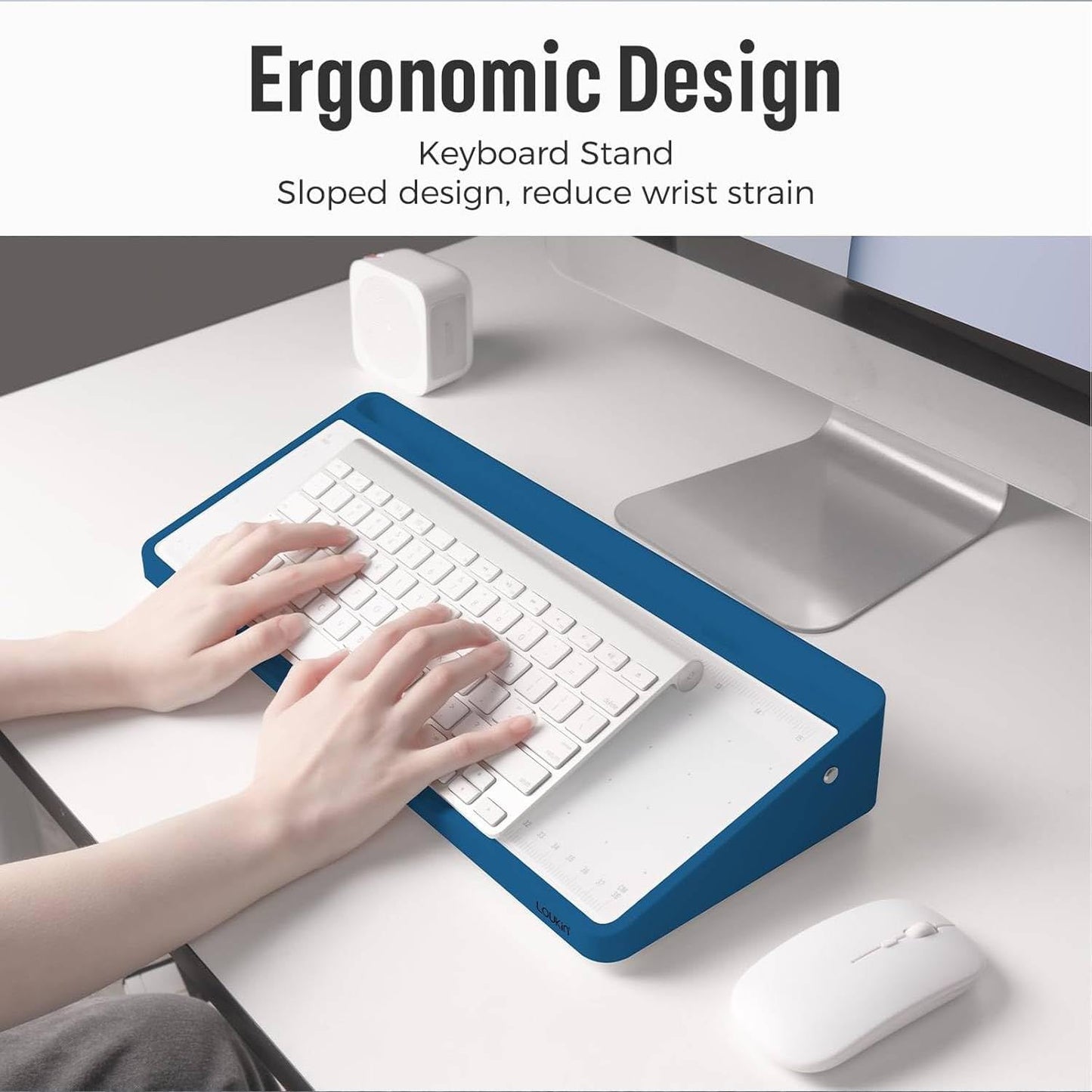 LOUKIN Glass Desktop Whiteboard, 15.3" x 5.6" Dry Erase Desk Board with Dotted and Graduated Surface, Desktop Buddy, Great for Design and Drawing, 3 Markers and 1 Dry Erase Eraser Included (Blue)