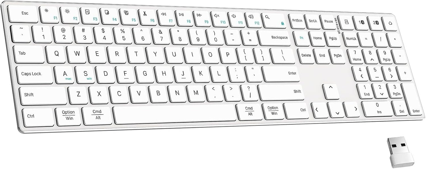 2.4G Wireless and Bluetooth Keyboard with Numeric Keypad, Multi-Device, Rechargeable, Compatible with Mac, Windows (White)