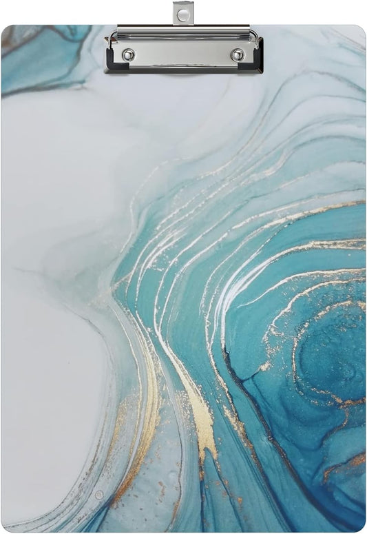 Clipboard Design Decorative Wood A4 Letter Size Clip Boards for Classroom Office, Standard Size 9" x 12.5" with Low Profile Metal Clip - Light Blue Marble