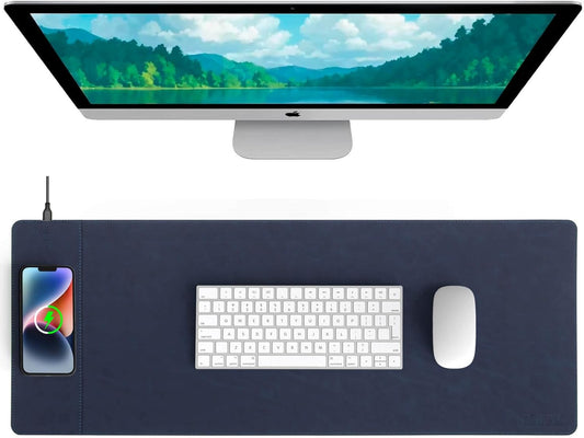 Magnetic Wireless Charging Desk Mat, 31"x11.7" Mouse Pad with Ultra-Smooth Surface, Microfiber Leather Office Mouse Mat, Waterproof Extended Computer Keyboard Desk Mat for Office & Home, Laptop, Blue