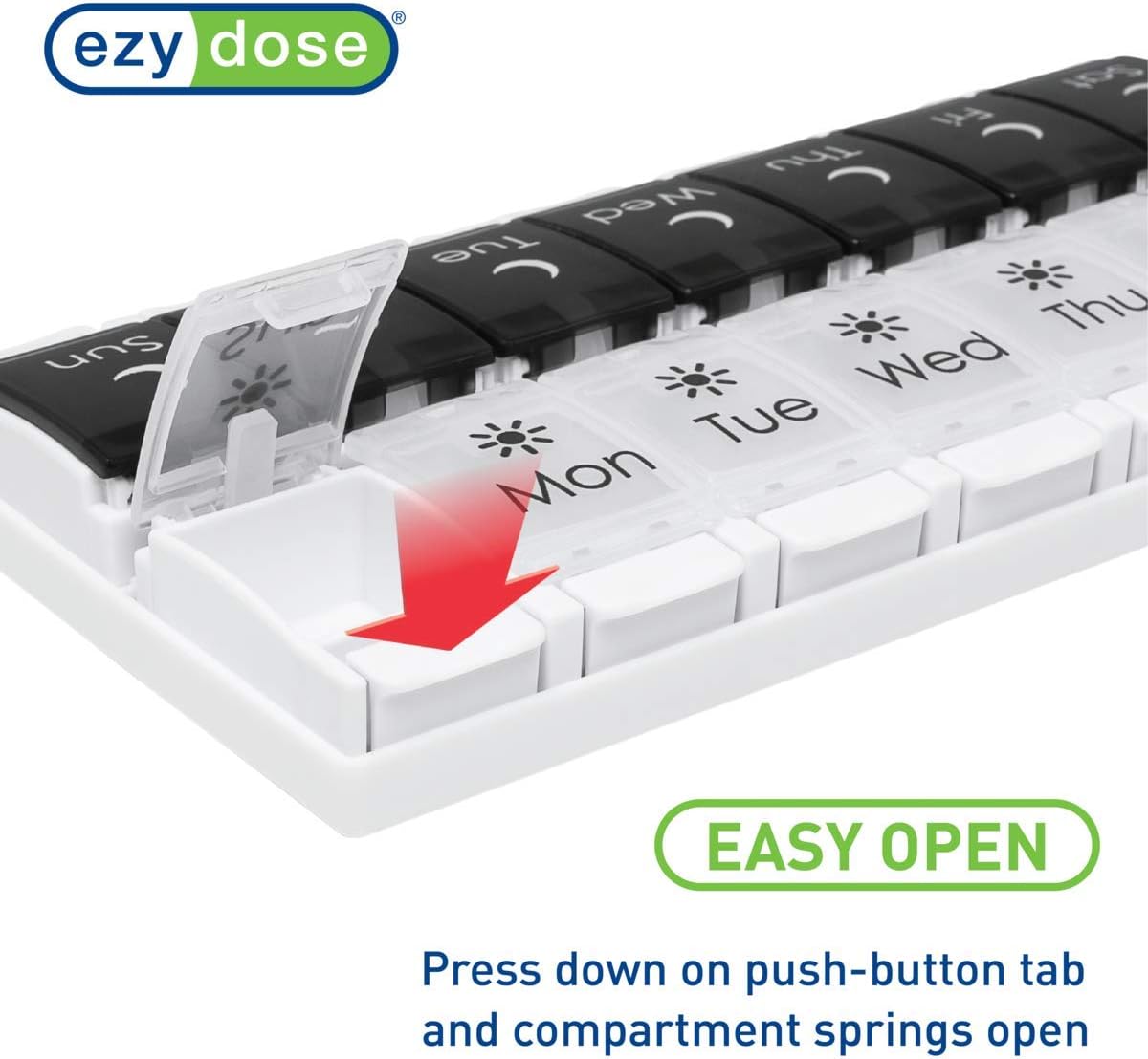 EZY DOSE Push Button (7-Day) Pill Case, Medicine Planner, Vitamin Organizer, 2 Times a Day AM/PM, Removable Trays, Large Compartments, Arthritis Friendly, Spring Open Black and White Lids, BPA Free