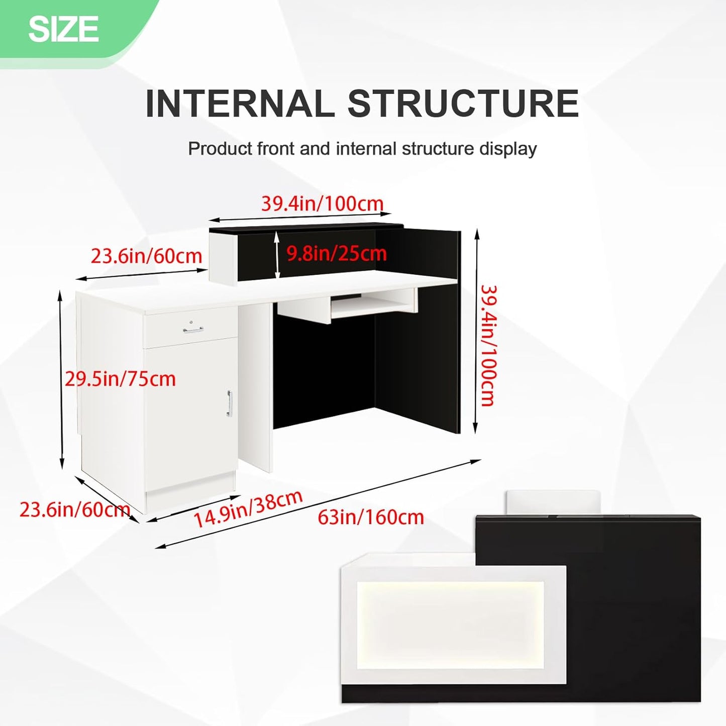 Modern Reception Desk with Counter and Drawer Office Front Desk with Cabinet Wooden Commercial Reception Table Checkout Counter for Retail Salon Lobby Black and White Right 63inch/160cm