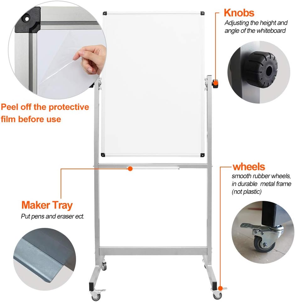 XIWODE 24x36 Inch Magnetic Double-Sided Mobile Whiteboard with Wheels, Adjustable Height, Flip & Rotate Design, Durable Square Tube Frame, for Office, Classroom, Home, and Presentations