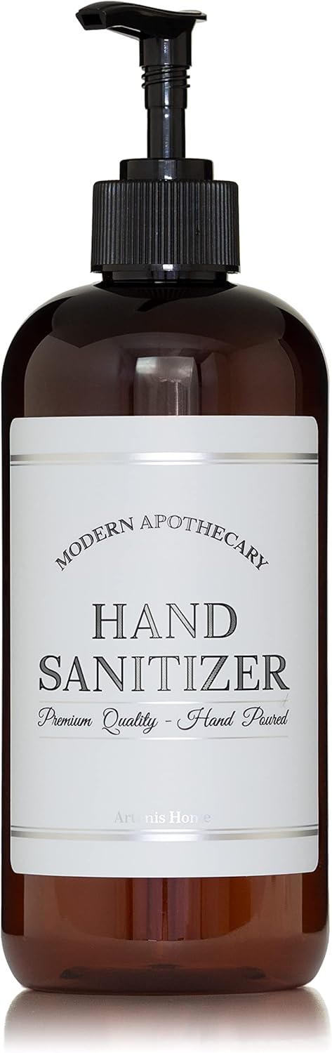 Amber PET Plastic Refillable Hand Sanitizer Pump Bottle Dispenser with Black Plastic Pump, 16 oz with Waterproof Label, Empty Reusable Container for Home, Kitchen, Bathroom, Office, Business
